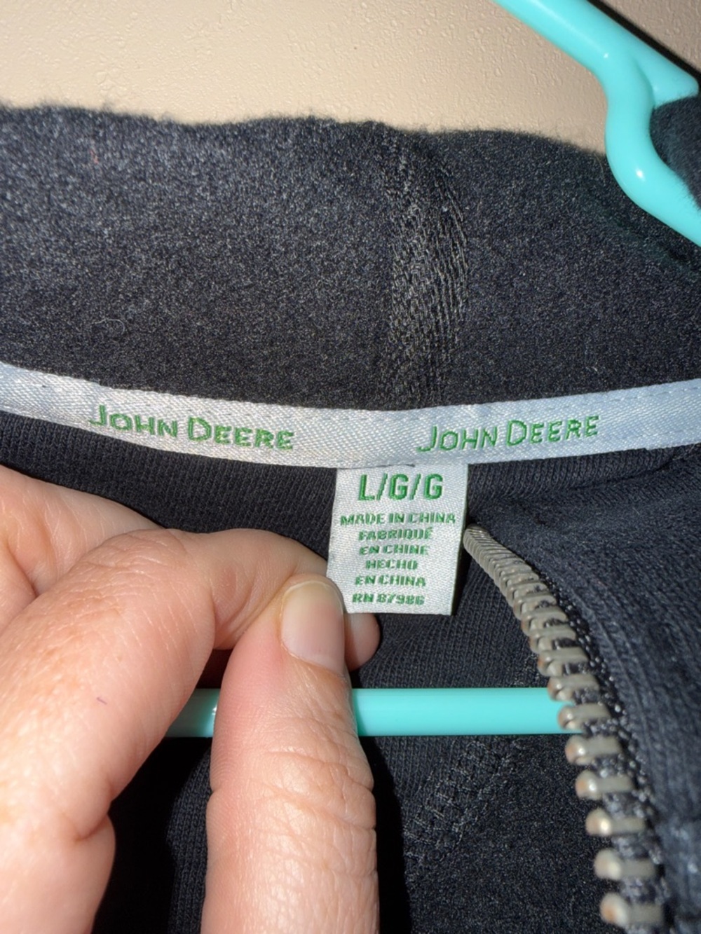 John Deere Black Zip-Up Hooded Sweatshirt with Green Logo - Picture 3 of 10